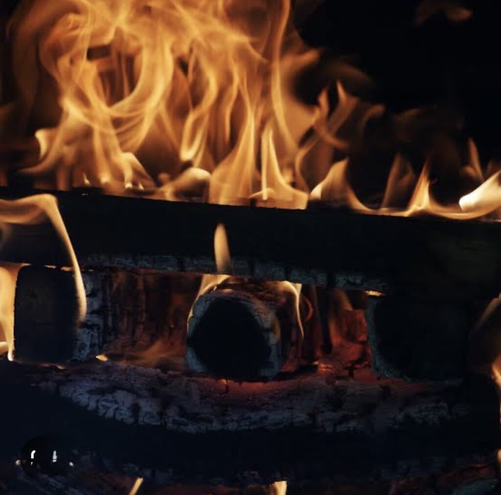 Wood fire and burning logs in the smoker